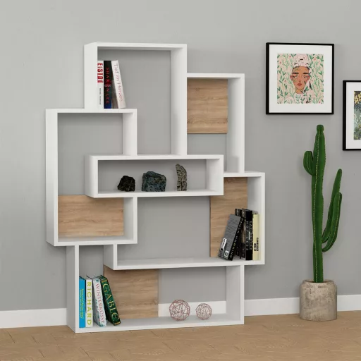 Modern aszimmetrikus polc 132x101x22cm fehér-tölgy
