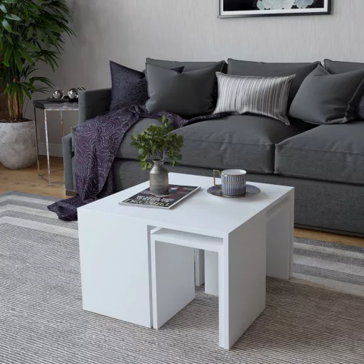Dohányzóasztal rejtett kisasztalokkal, 5db fehér