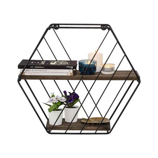 Fém polc hatszög 44x40x15cm, fekete-dió
