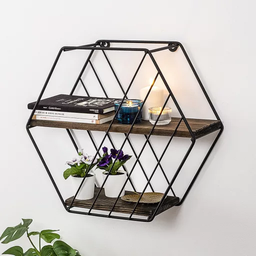 Fém polc hatszög 44x40x15cm, fekete-dió