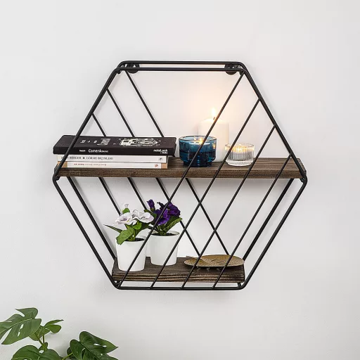 Fém polc hatszög 44x40x15cm, fekete-dió