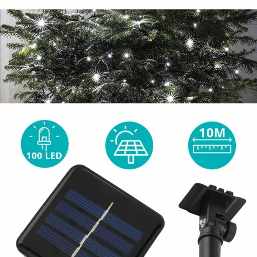 100 LED-es napelemes kerti fényfüzér-10 méteres-hideg fehér