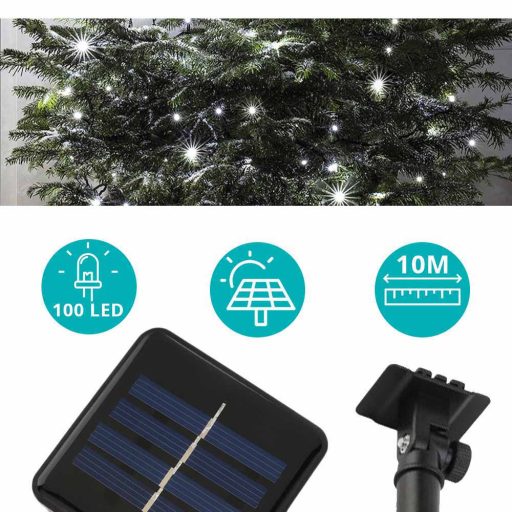 100 LED-es napelemes kerti fényfüzér-10 méteres-hideg fehér