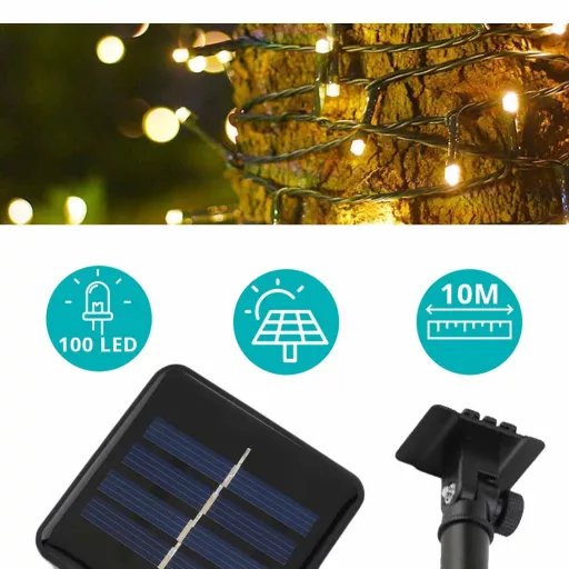 100 LED-es napelemes kerti fényfüzér-10 méteres-meleg fehér