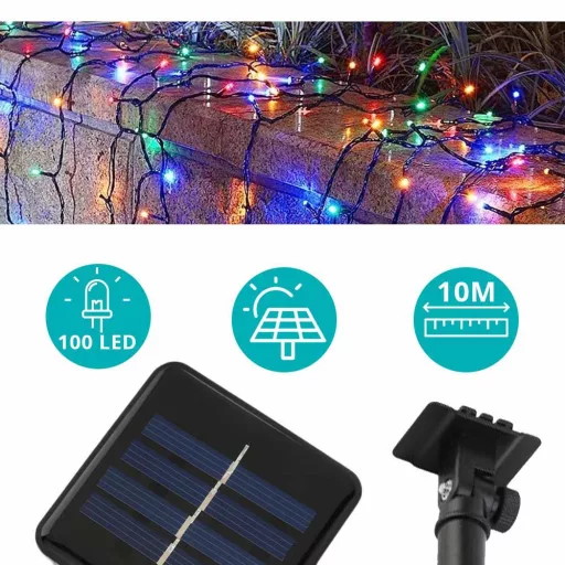 100 LED-es napelemes kerti fényfüzér-10 méteres-színes