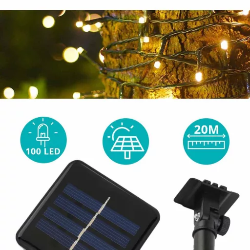 100 LED-es napelemes kerti fényfüzér-20 méteres-meleg fehér
