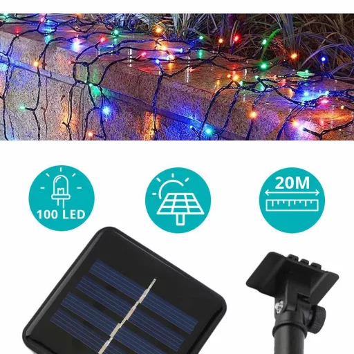 100 LED-es napelemes kerti fényfüzér-20 méteres-színes