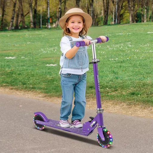 Összecsukható alumínium LED világító kerekű gyermek roller, lila