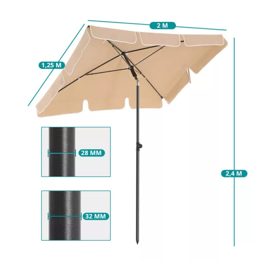 Dönthető napernyő hordtáskával, 2x1,25m mogyoró